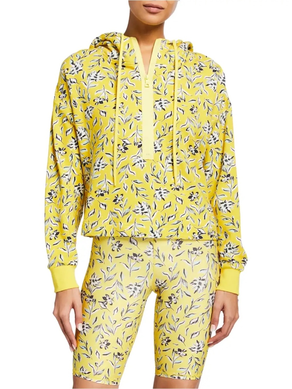Alice + Olivia Cropped Half-Zip Yellow Hoodie Floral Active Wear Cotton Small